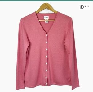 Liz Baker Women’s Medium Tall Pink Button Down VNeck Cardigan Essential Sweater